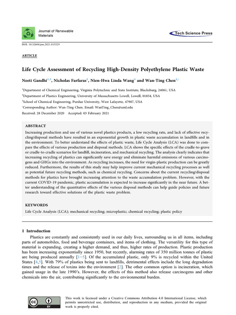 LCA of Recycling HDPE Plastic Waste | PDF | Life Cycle Assessment ...
