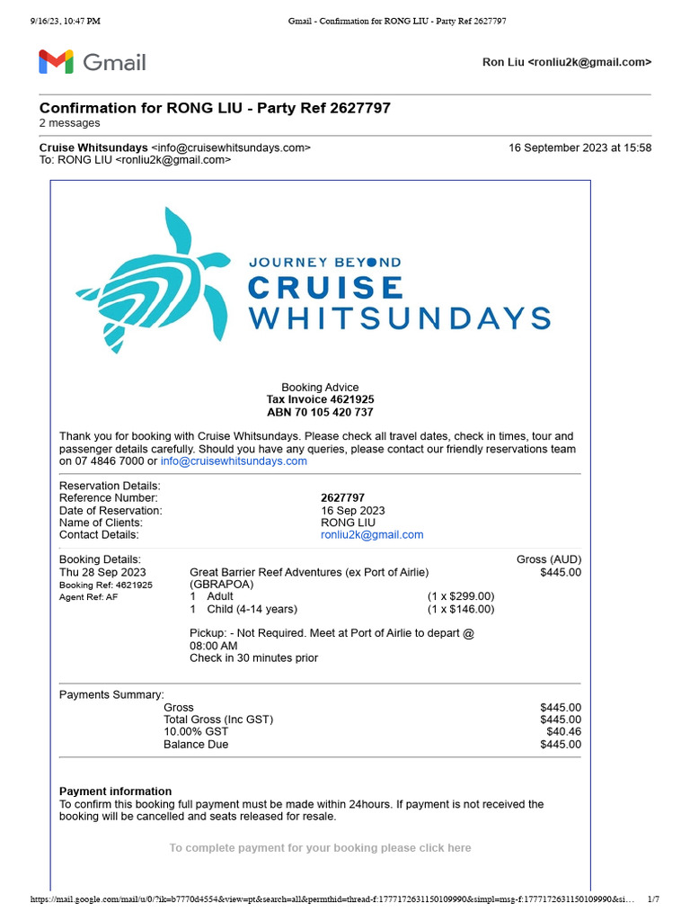 Cruise Booking Confirmation | PDF | Credit Card | Private Law