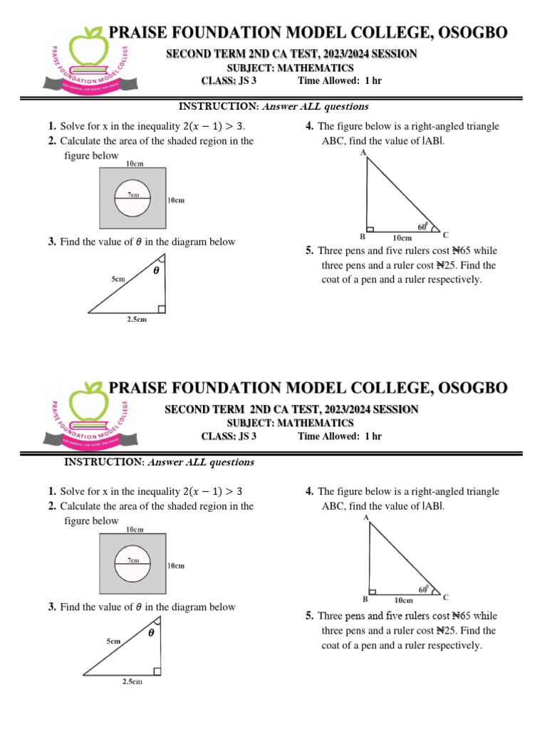 JS3 Mathematics 2nd CA Test 2023/24 | PDF | Teaching Methods & Materials