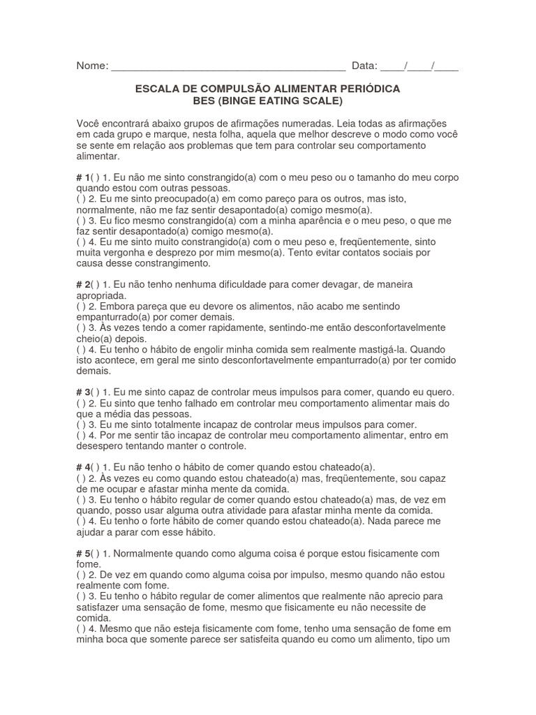 Escala de Compulsão Alimentar BES | PDF | Alimentos | Pensamento
