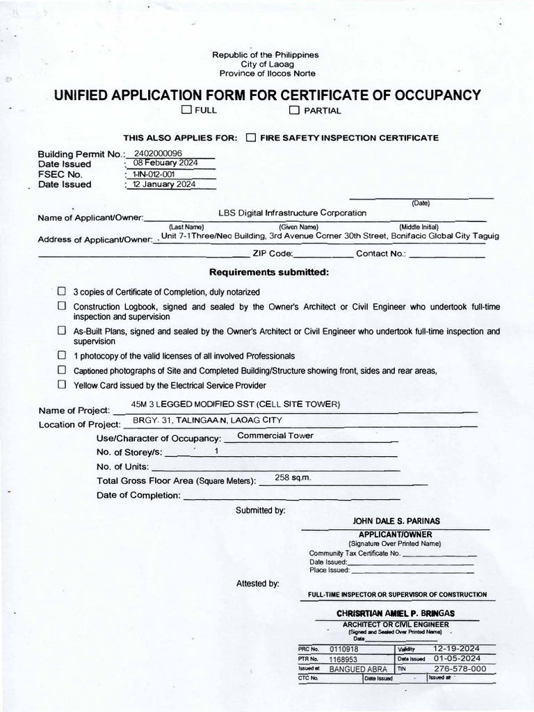 Certificate of Occupancy Application Form | PDF