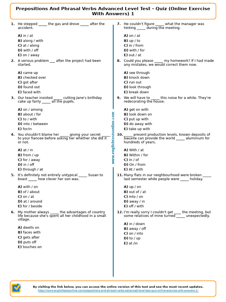394 - Prepositions and Phrasal Verbs Advanced Level Test Quiz Online ...