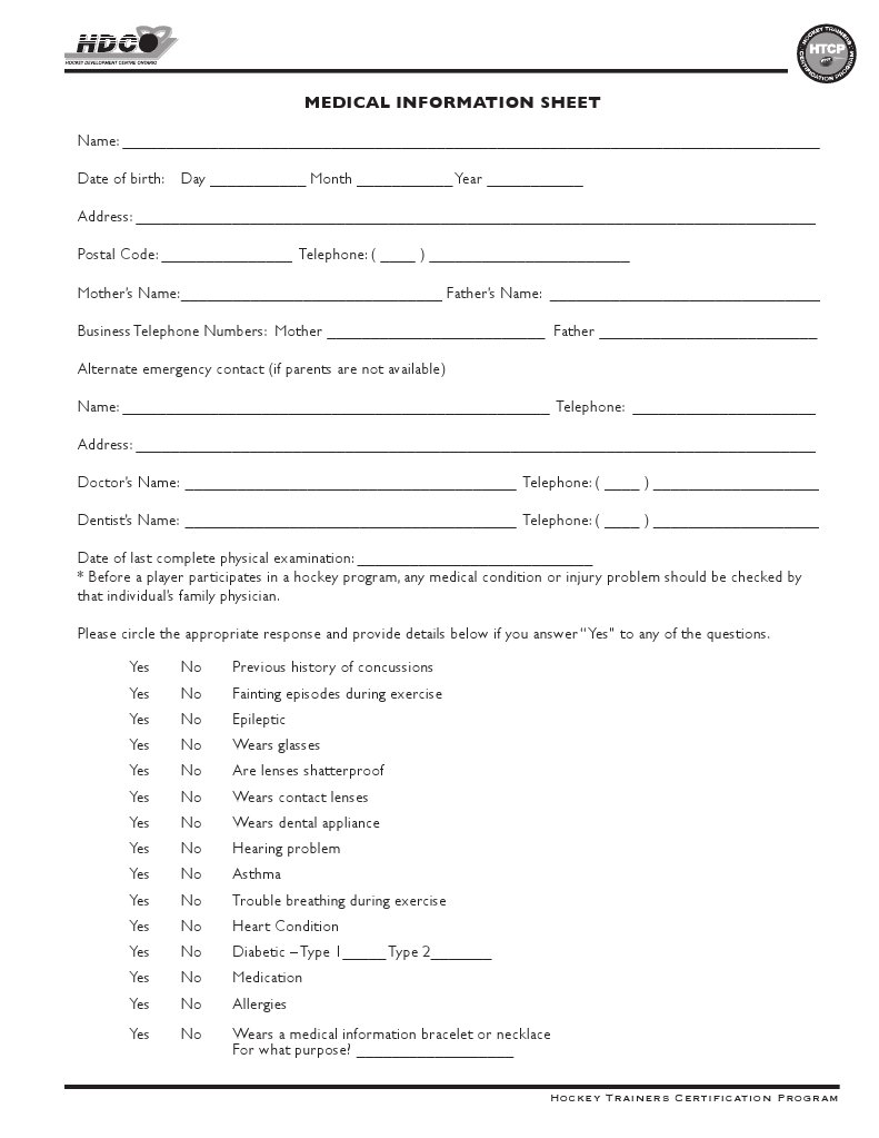 HTCP Player Medical Information Sheet | PDF | Physician | Vaccination