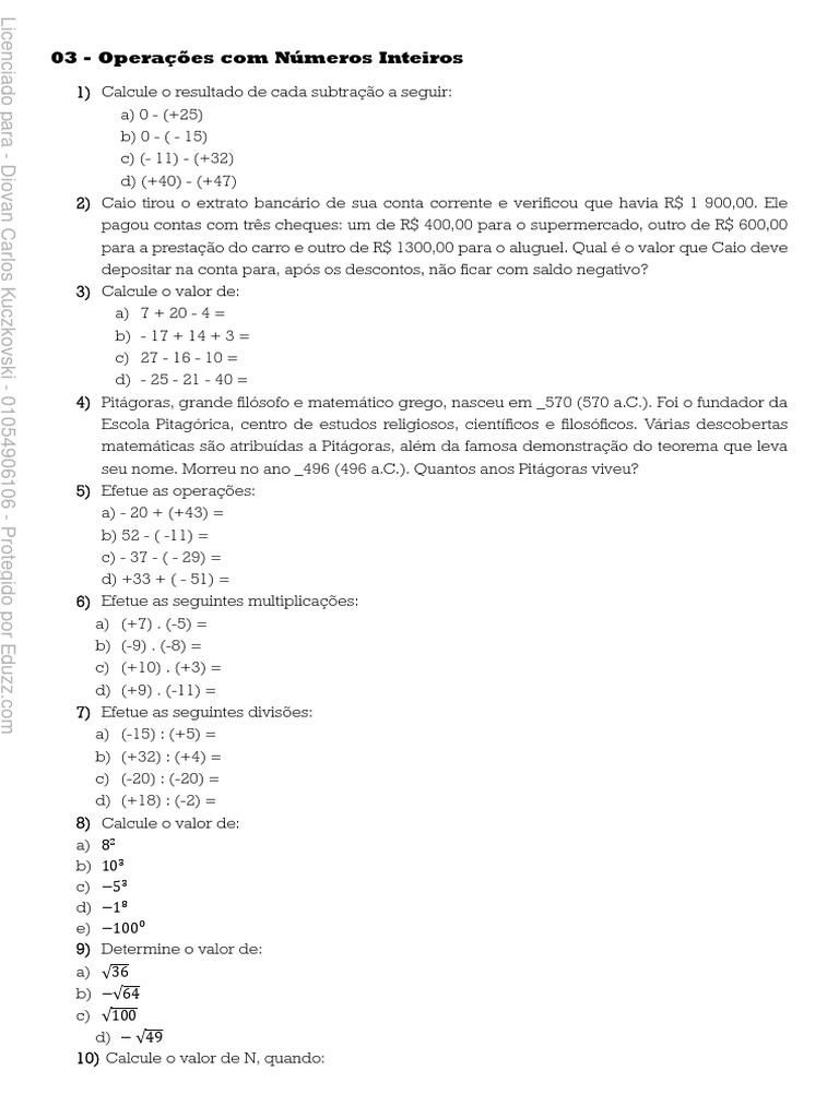 03 Operacoes Com Numeros Inteiros Exercicios | Download grátis PDF ...