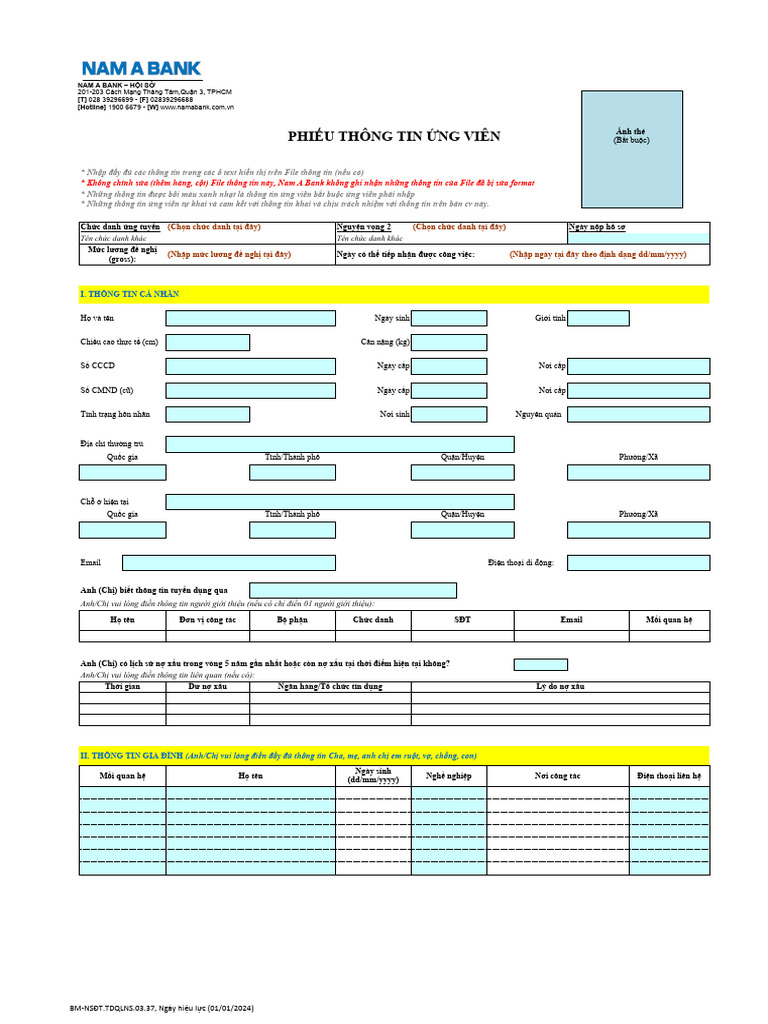 NAB - Phieu Thong Tin Ung Vien 2024 (New) | PDF