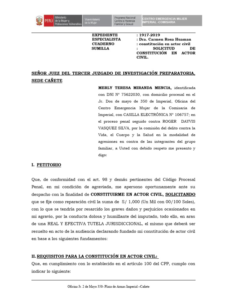 Solicitud de Constitución en Actor Civil | PDF | Debido al proceso ...