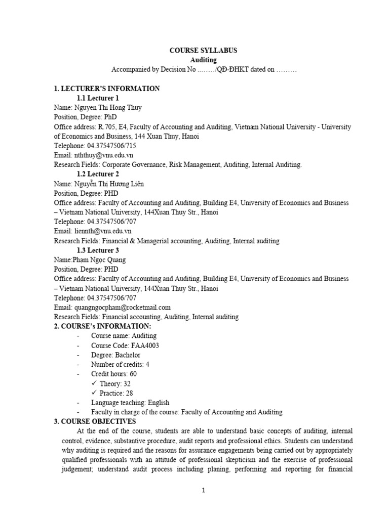 Auditing Course Syllabus Overview | PDF | Internal Control | Audit