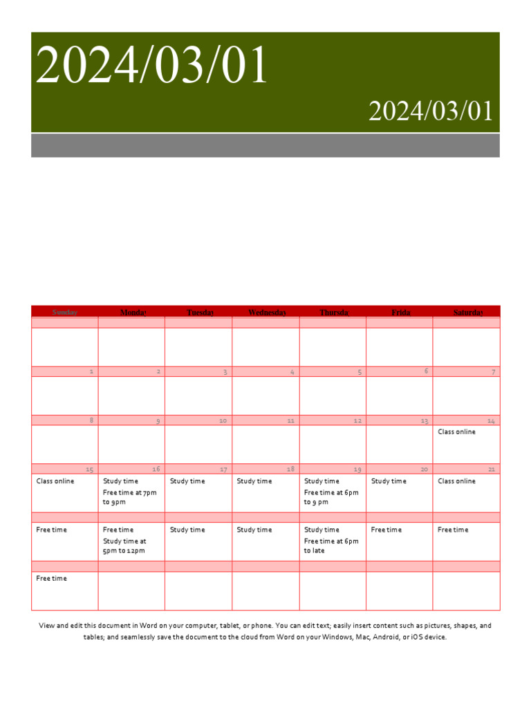 March 2024 Class and Study Timetable | PDF