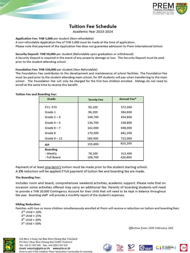 Prem Tuition Fees Schedule AY2023 24 | PDF | Fee | Cheque