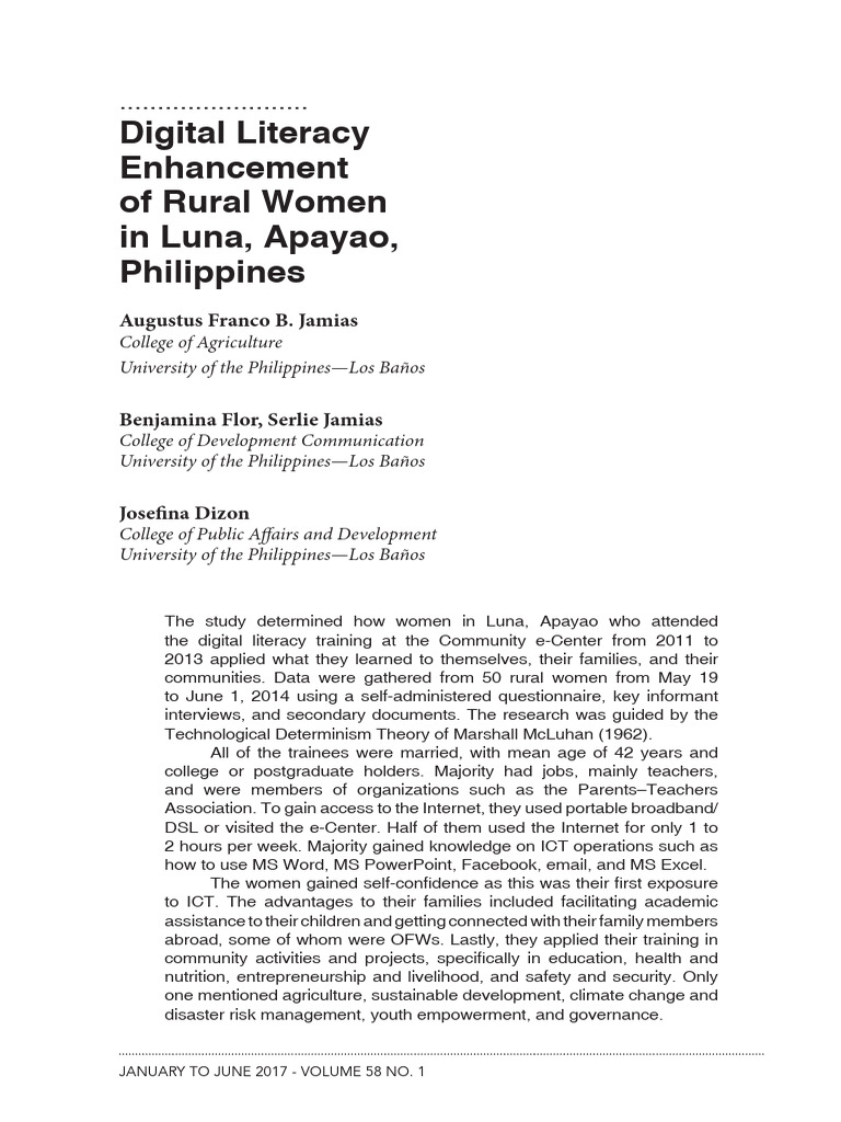 Digital Literacy Enhancement of Rural Women in Luna Apayao Philippines ...