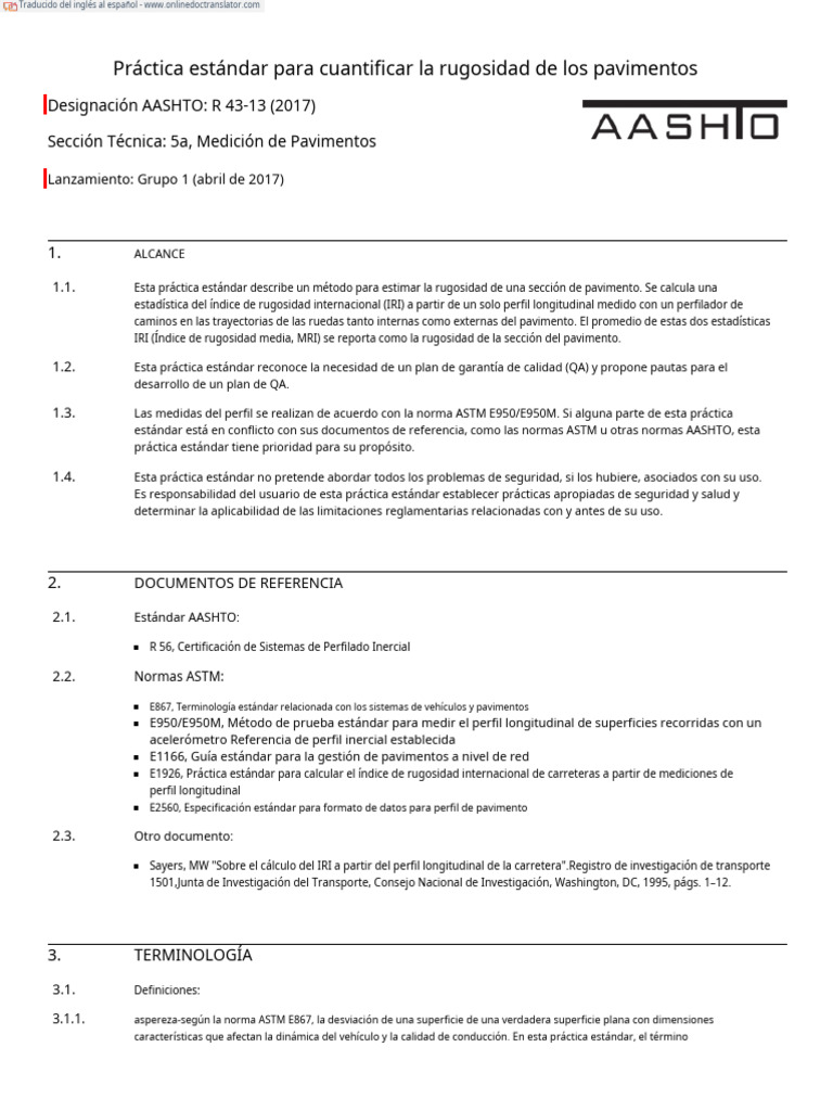 Estándar AASHTO R 43: Rugosidad Pavimentos | PDF | Science