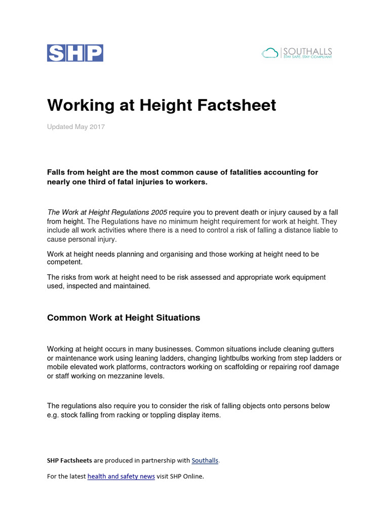 Working at height shp factsheet 1 pdf occupational safety and