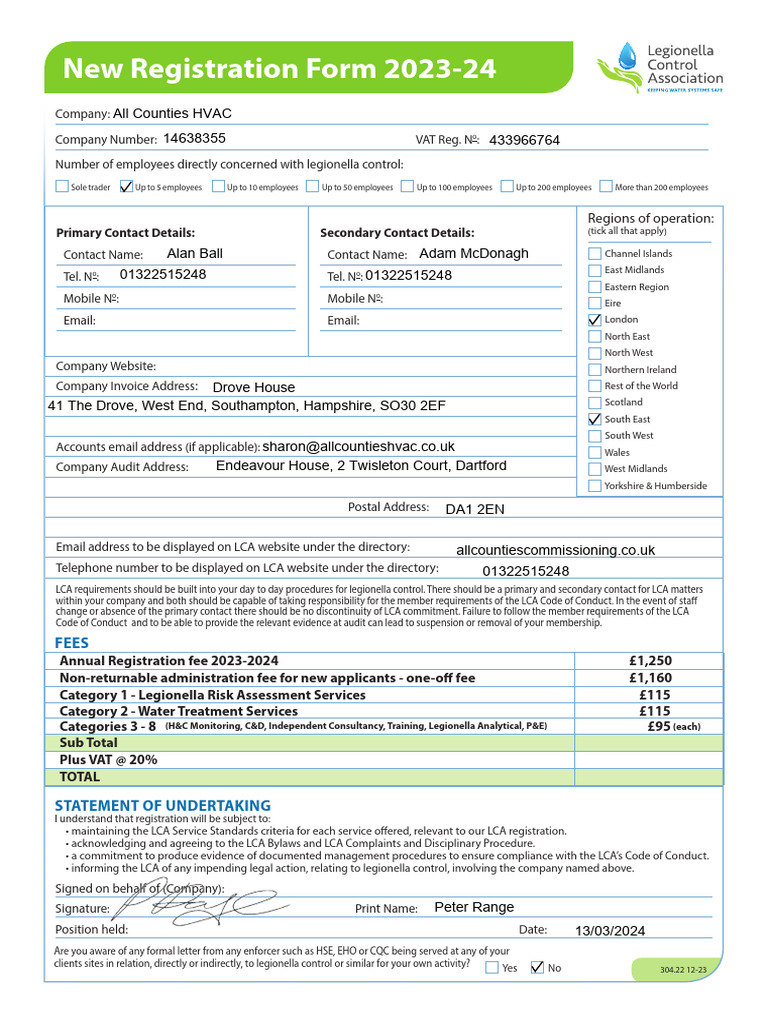 Legionella Control Association Registration Fees | PDF | Occupational ...
