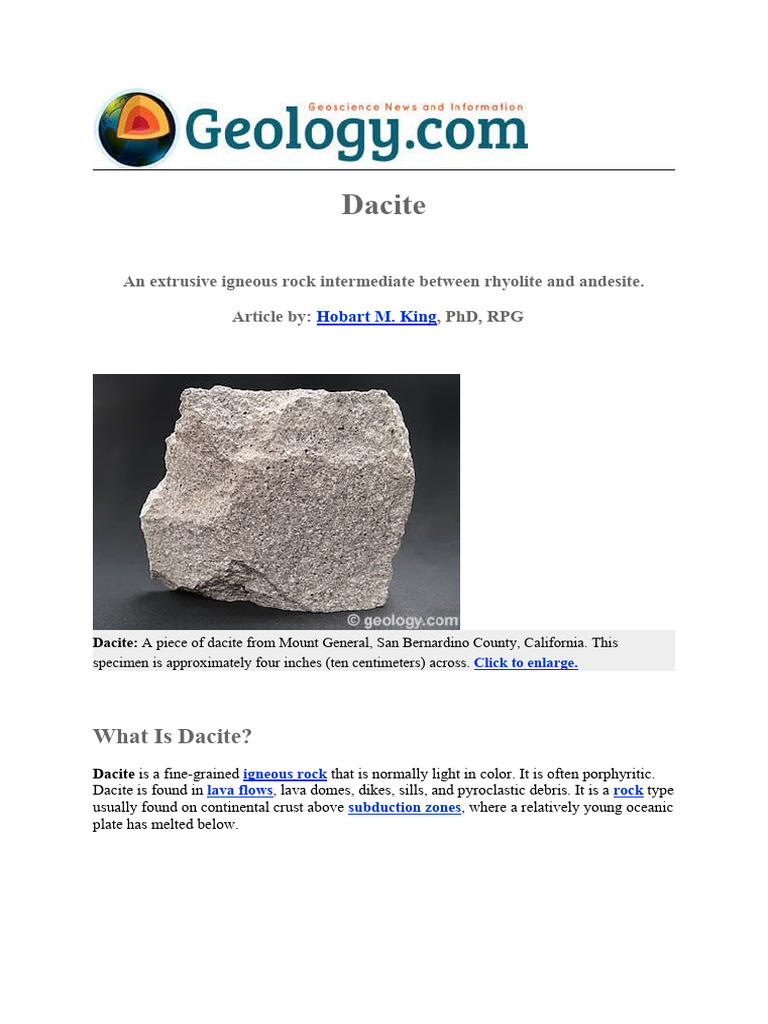 Dacite Rock (Igneous Rock) Extrusive | PDF | Igneous Rock | Volcano