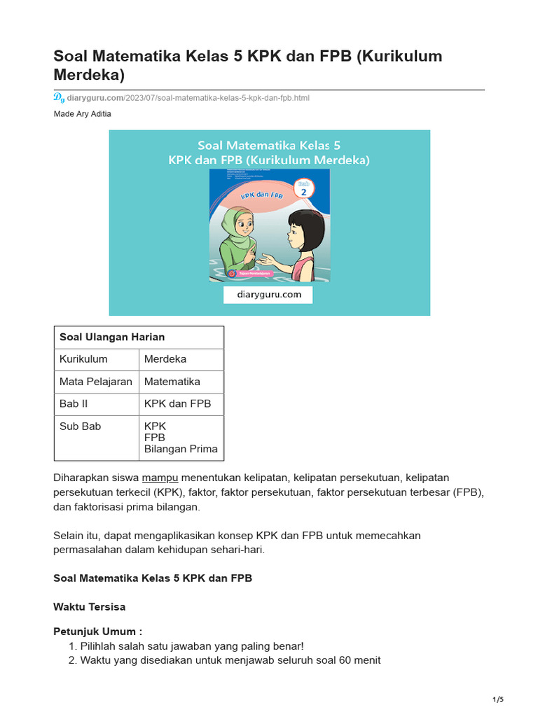 Soal KPK dan FPB Kelas 5 SD | PDF | Metode & Bahan Ajar