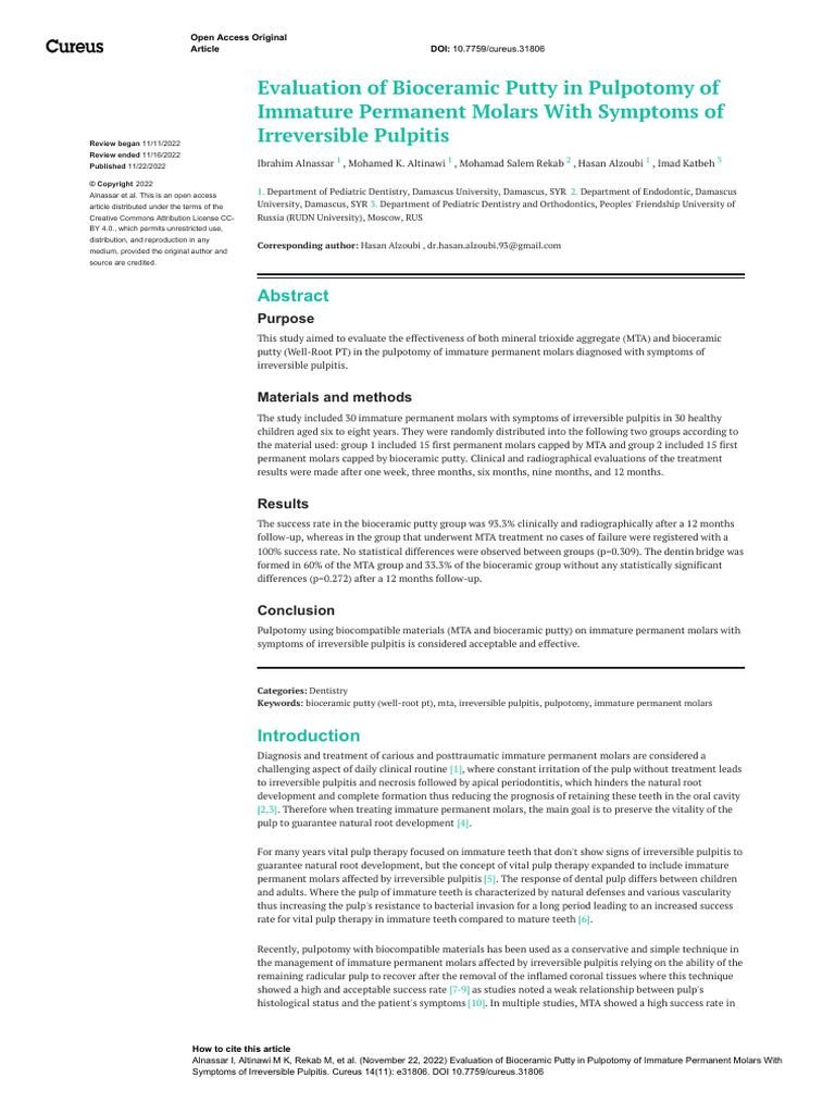 Evaluation of Bioceramic Putty in Pulpotomy | PDF | Health Sciences ...