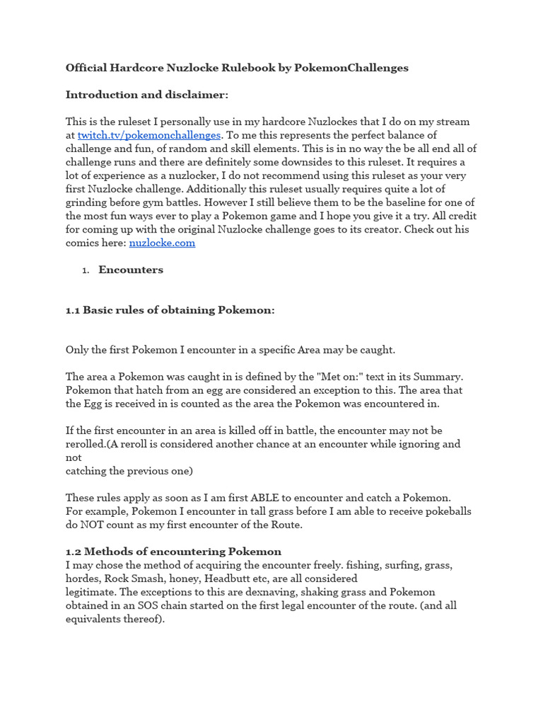 Official Hardcore Nuzlocke Rulebook By Pokemonchallenges Pdf