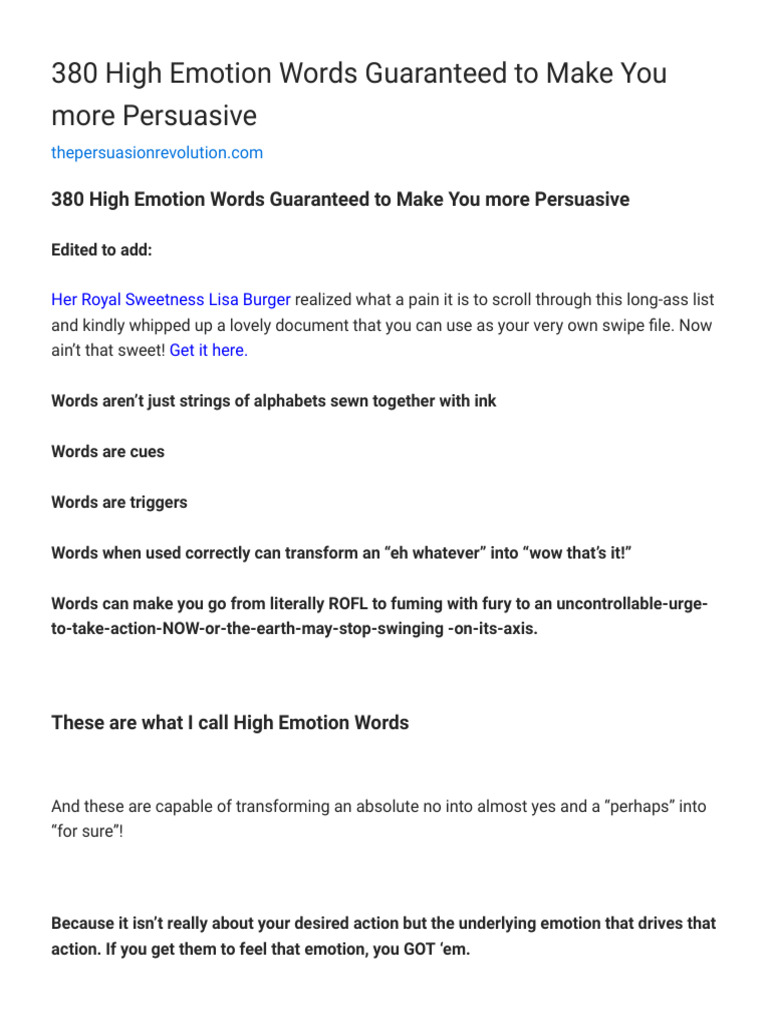 380 High Emotion Words for Persuasion | PDF | Emotions | Psychology