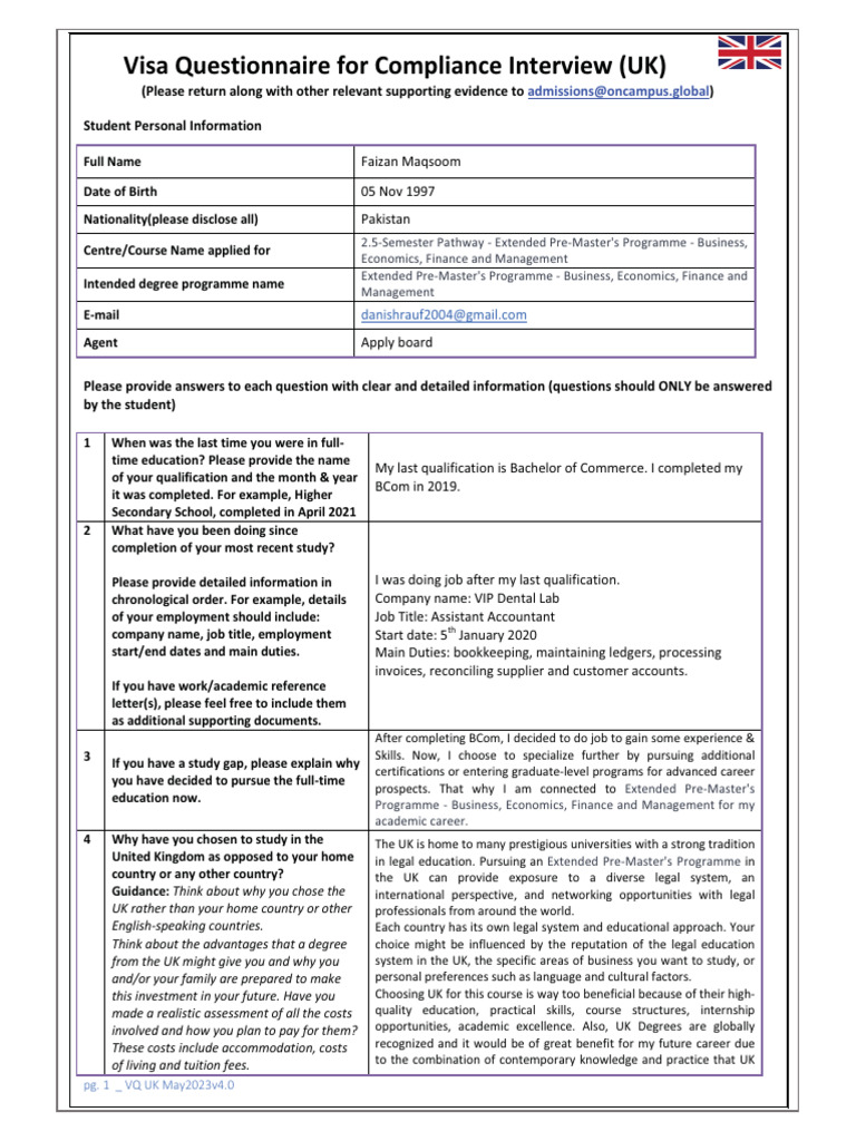 Visa Questionnaire for UK Study Applicants | PDF | Internship | Job Hunting
