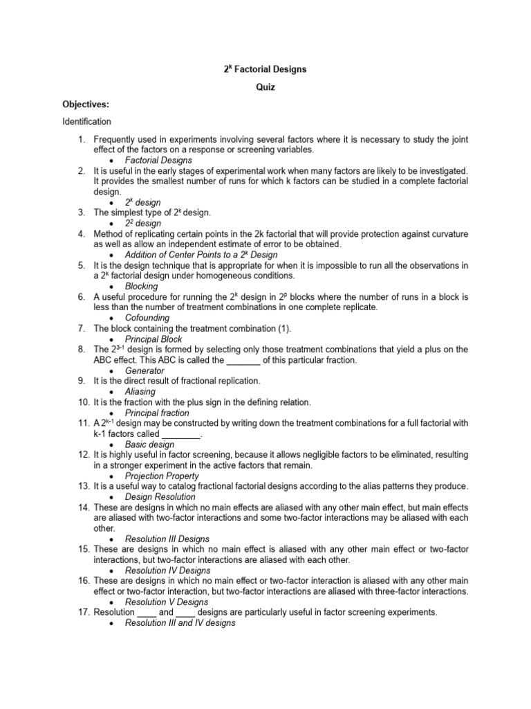 2k Factorial Design Overview and Quiz | PDF | Applied Mathematics