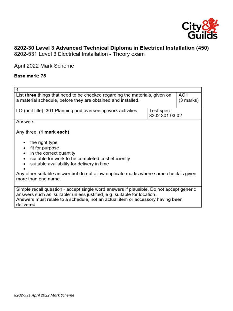 Level 3 Electrical Installation Mark Scheme | PDF | Alternating Current ...