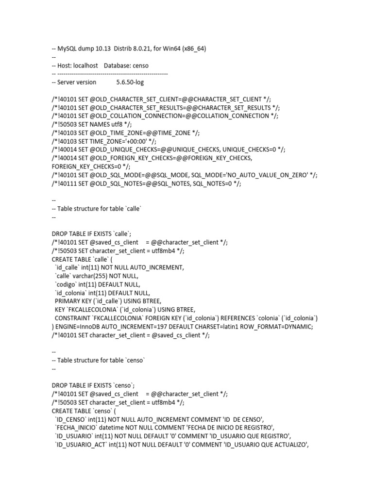 MySQL Database Structure for Censo | PDF | Data Management | Computer Data