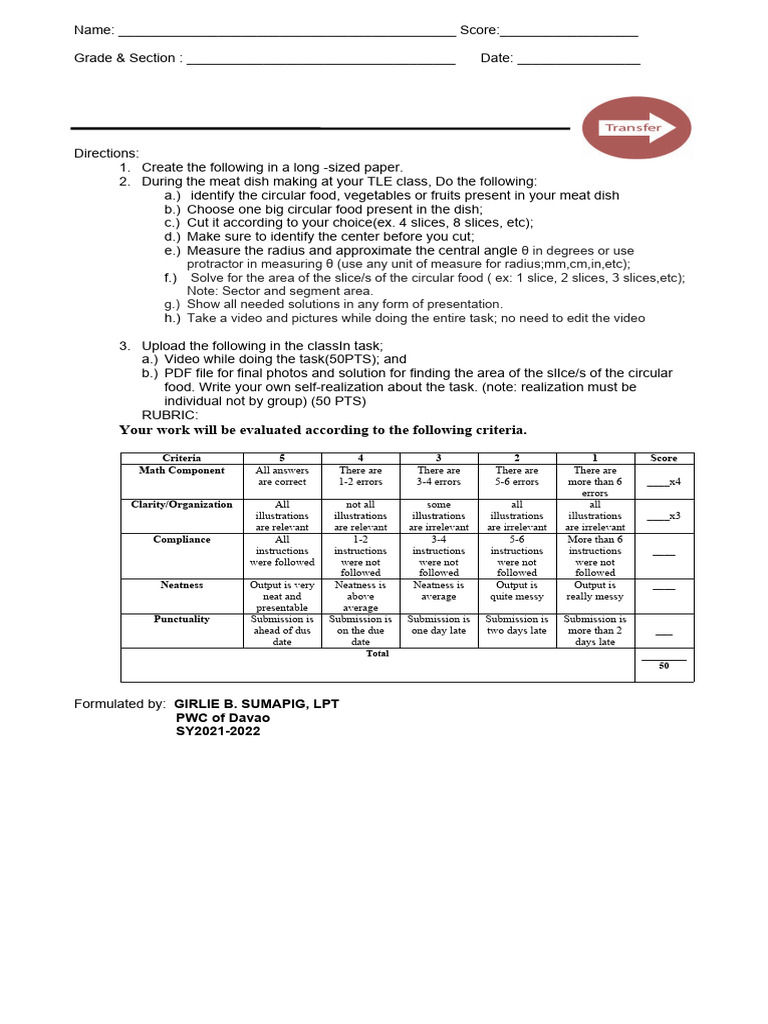 Circular Food Area Calculation Task | PDF