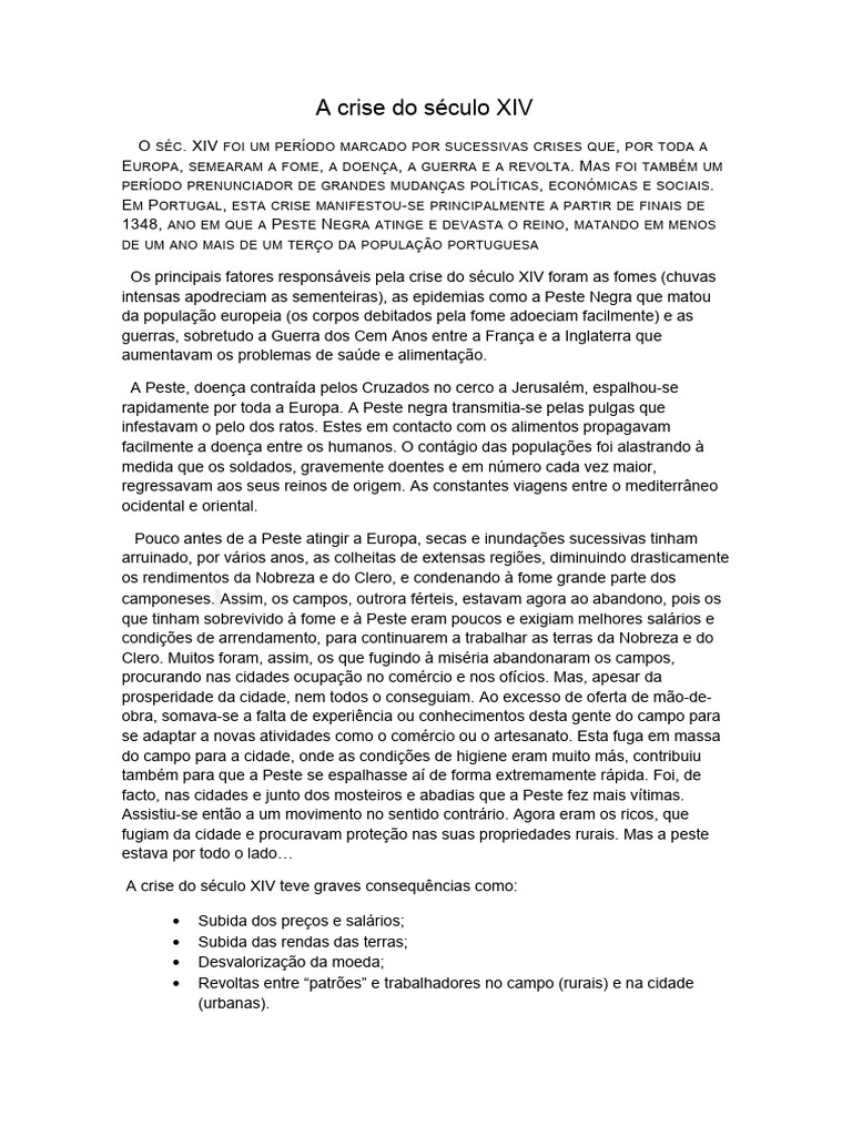 A Crise Do Século XIV Trabalho Completo | PDF | Peste negra | Fome