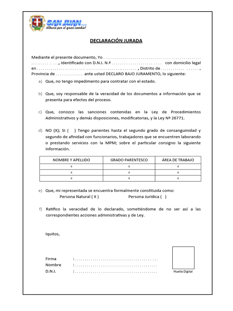 Declaracion Jurada Parentesco | PDF