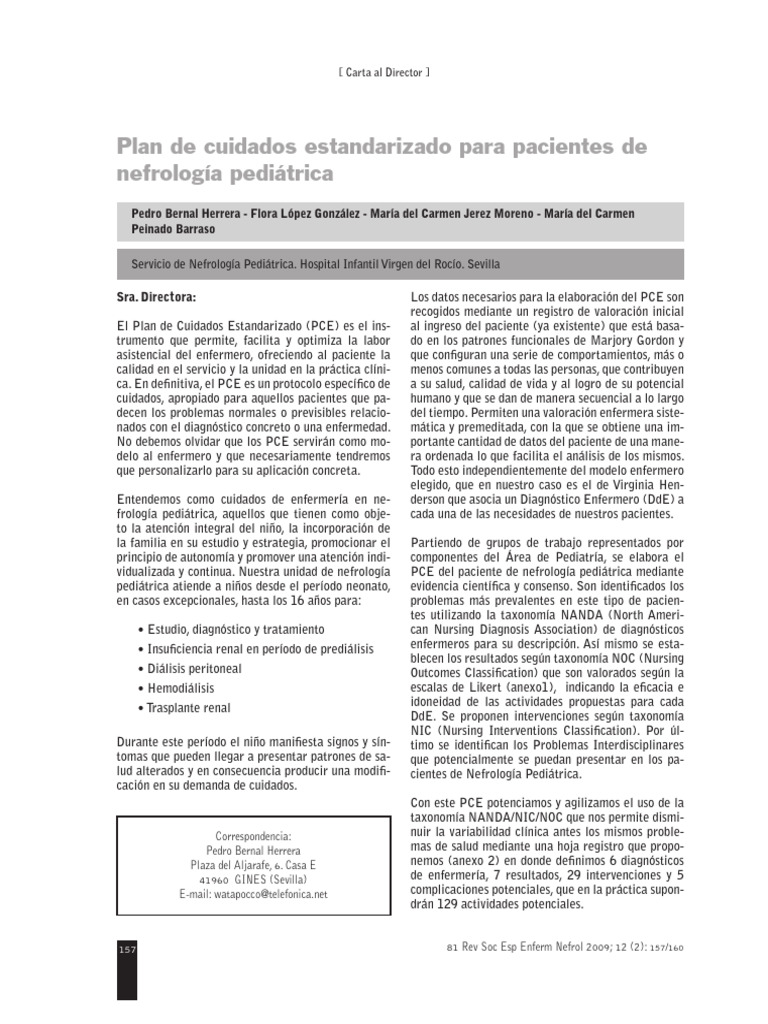 Plan de Cuidados en Nefrología Pediátrica | PDF | Enfermería | Ansiedad