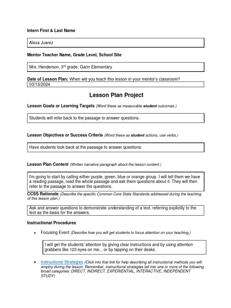 Internship Ccss Lesson Plan Template 2 Download Free PDF Lesson