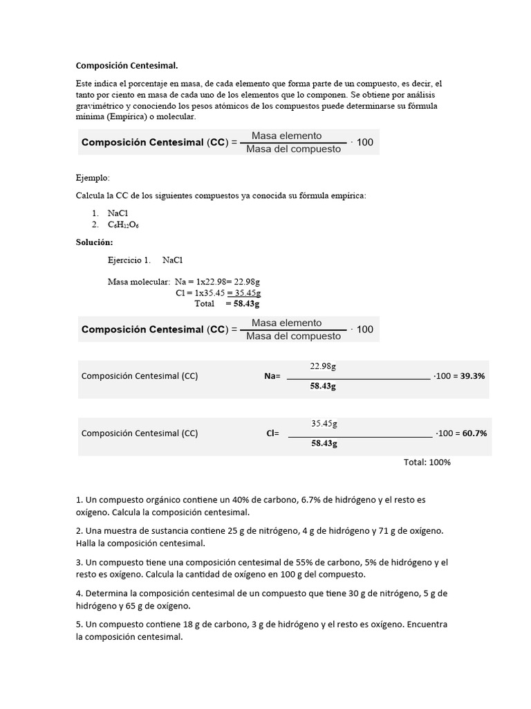 Composición Centesimal y Cálculos Químicos | PDF | Compuestos químicos ...