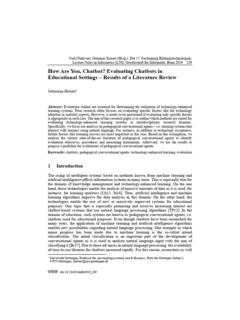 DELFI2019 289 How Are You Chatbot - Evaluating Chatbots in Educational ...