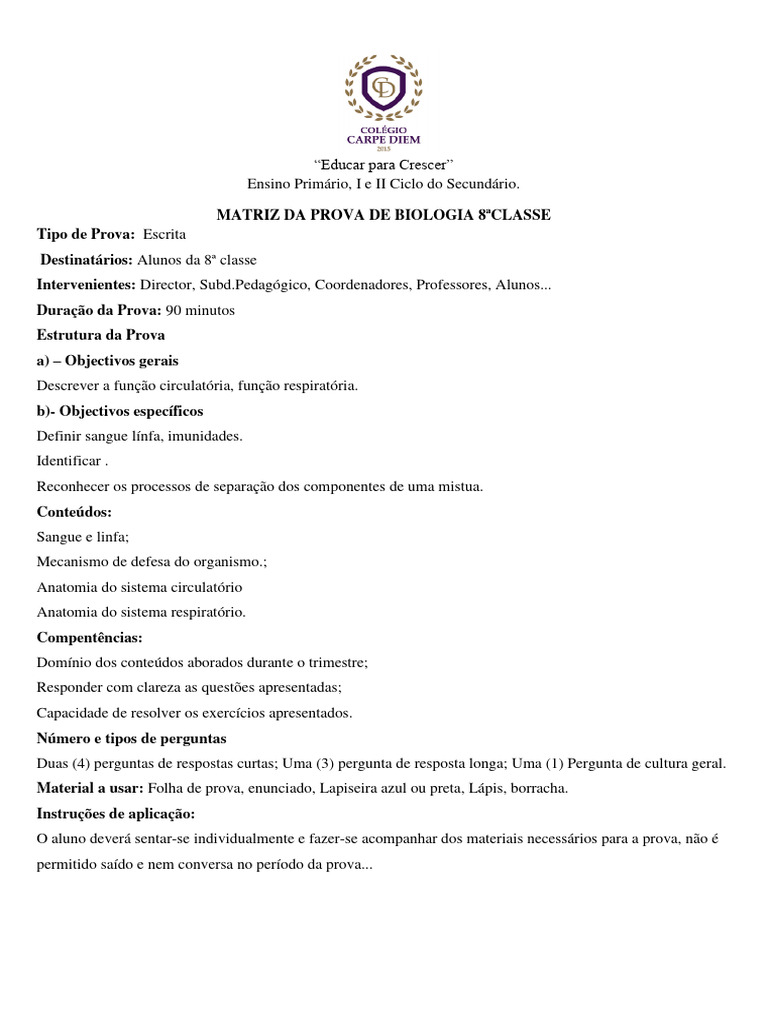 Matrizes Da 8 Classe (Ii Trimestre) | PDF | Ensino médio | Educação ...