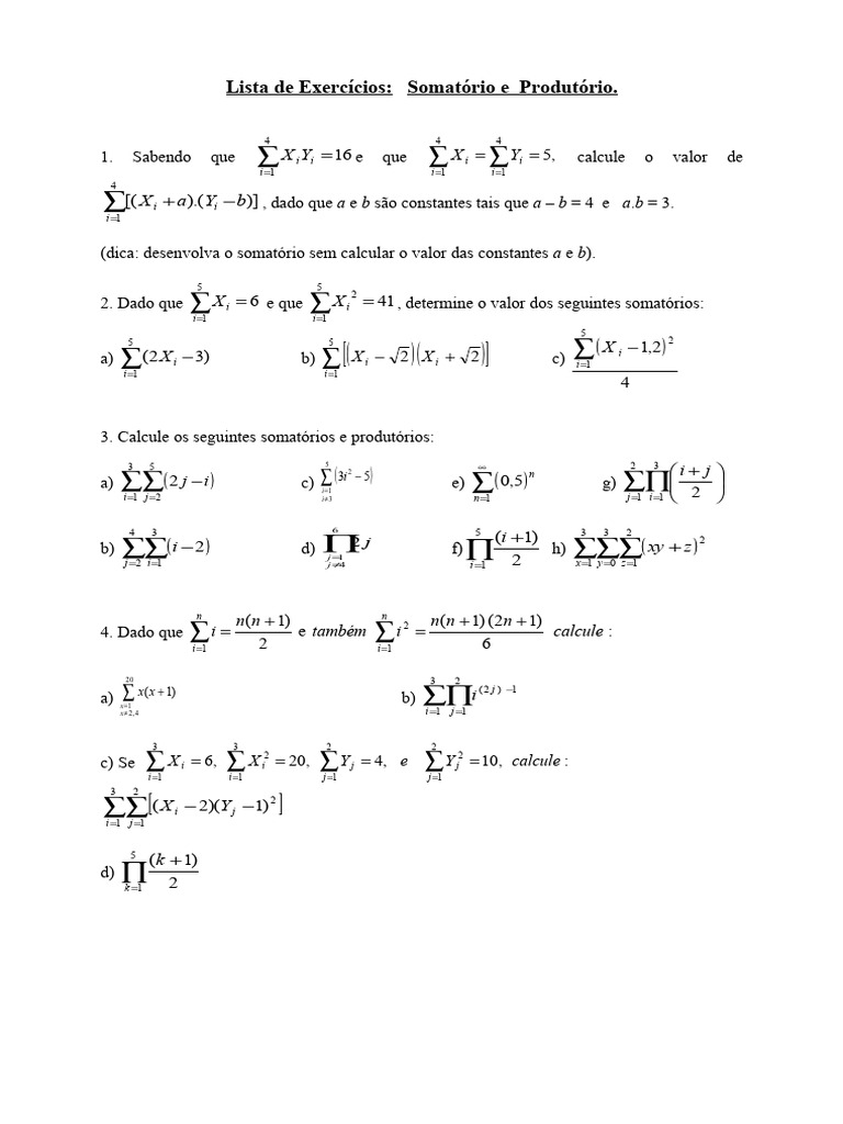 Exercícios de Somatório e Produtório | PDF | Somatório | Matemática