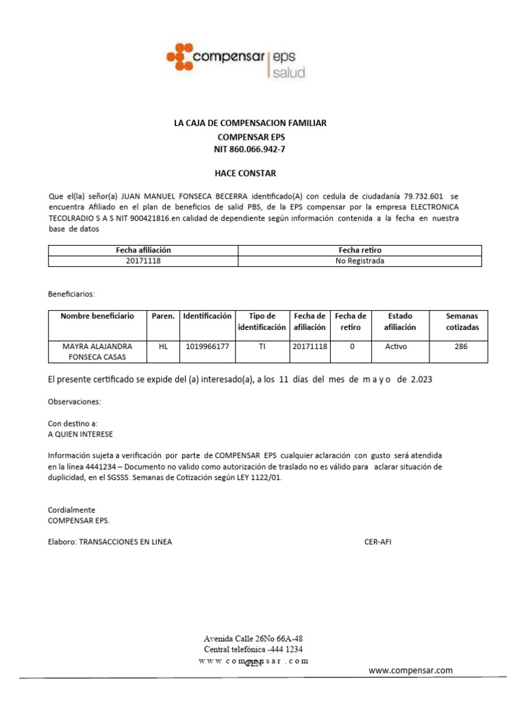 Certificado de Afiliación Compensar EPS | PDF