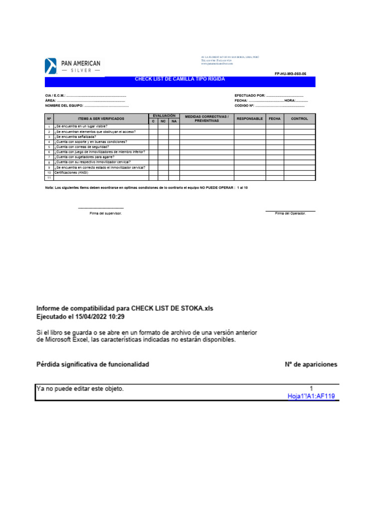Check List De Camilla Tipo R gida PDF Microsoft Excel Software De 