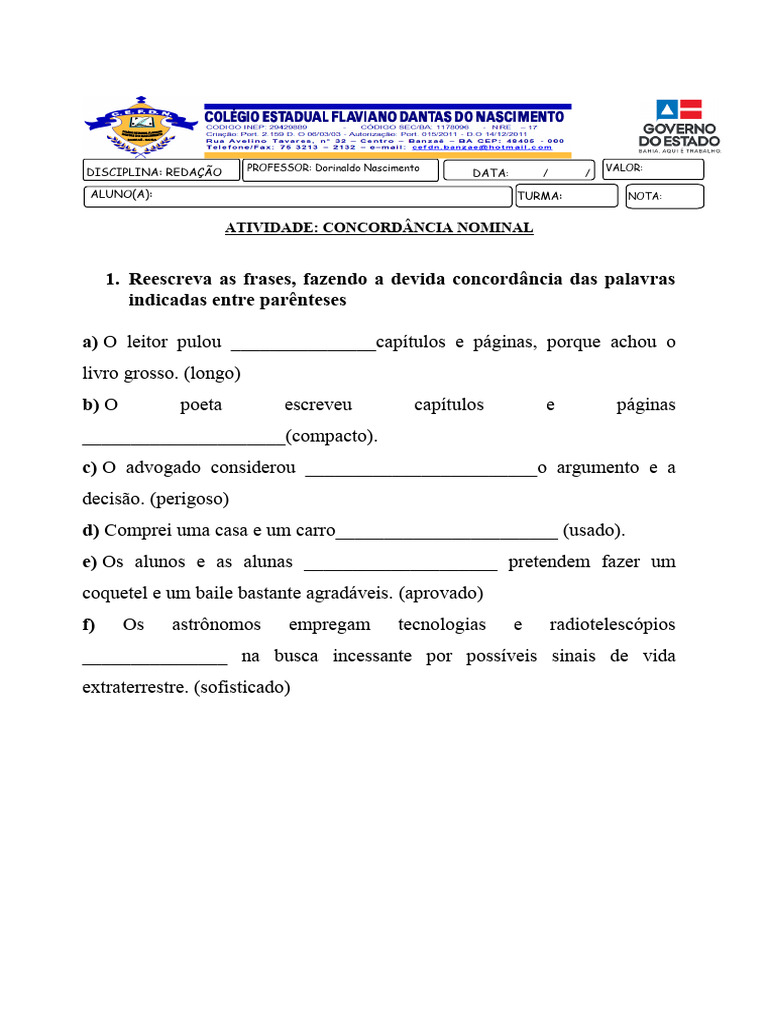 ATIVIDADE - Concordância Nominal I | PDF