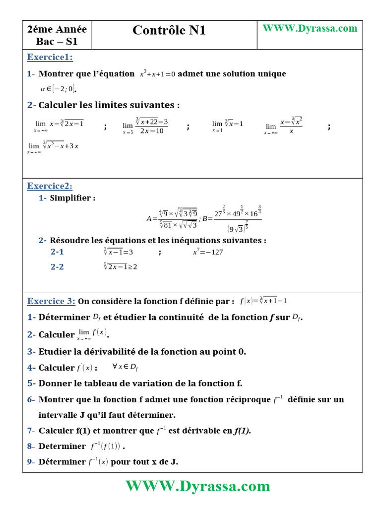 Contrôle N1 - Bac PC Dyrassa 2 | PDF | Mathématiques | Objets mathématiques