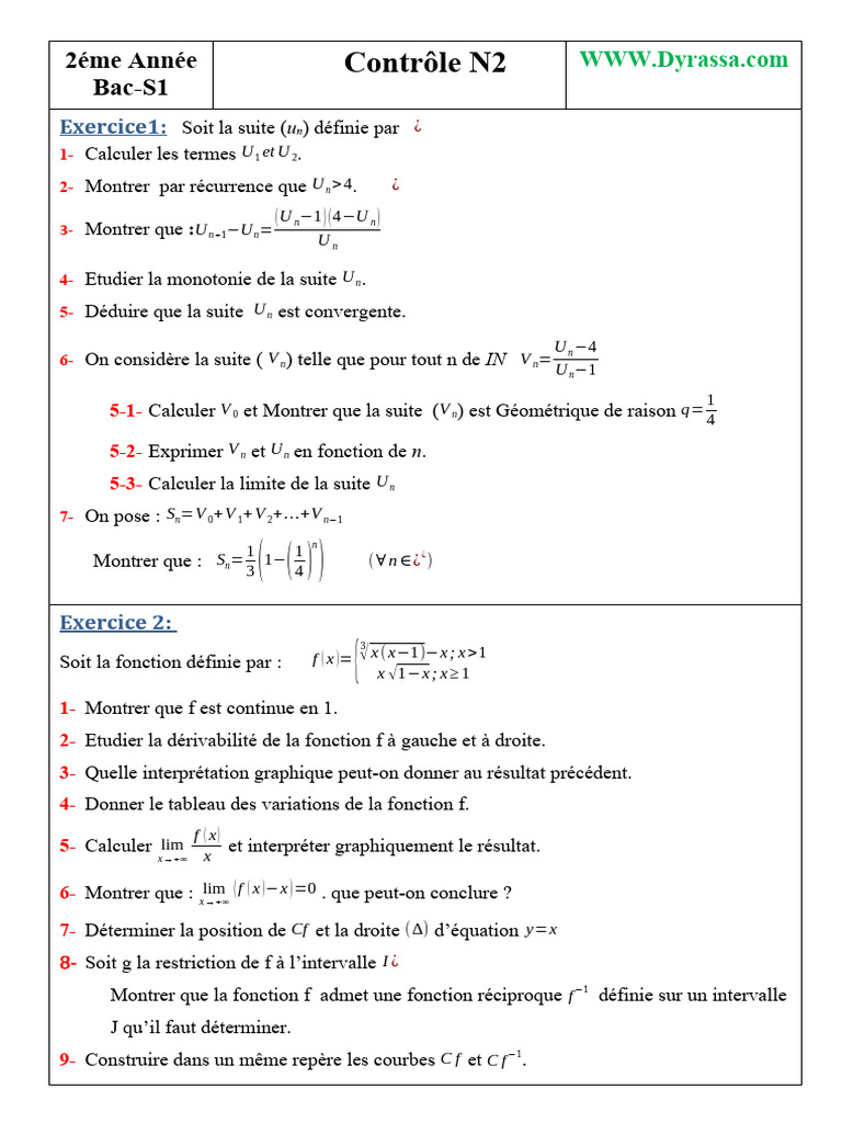 Contrôle de Mathématiques 2 Bac PC | PDF | Méthodes et références ...