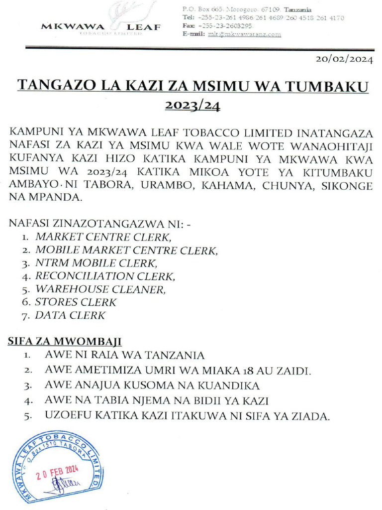 Tangazo La Kazi Msimu 2023 24 | PDF