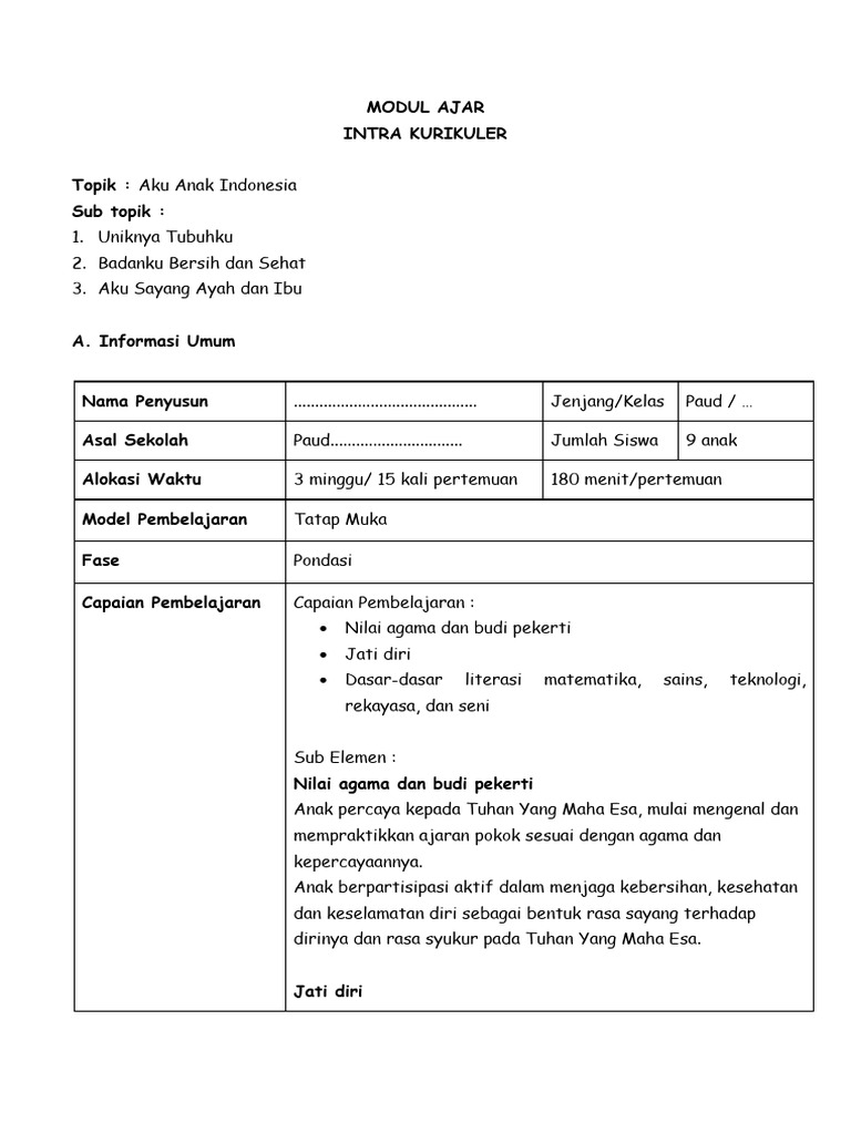 Modul Ajar: Aku Anak Indonesia | PDF | Pengembangan Diri | Sains ...