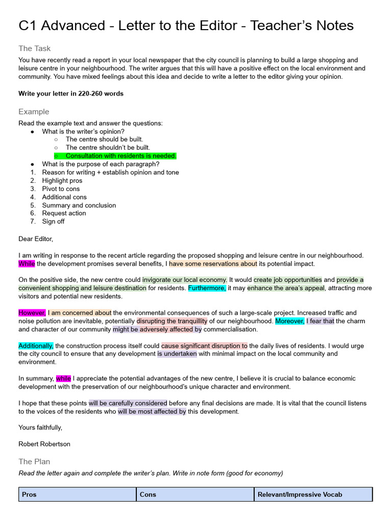 C1 Advanced Letter To The Editor TEACHERS | PDF