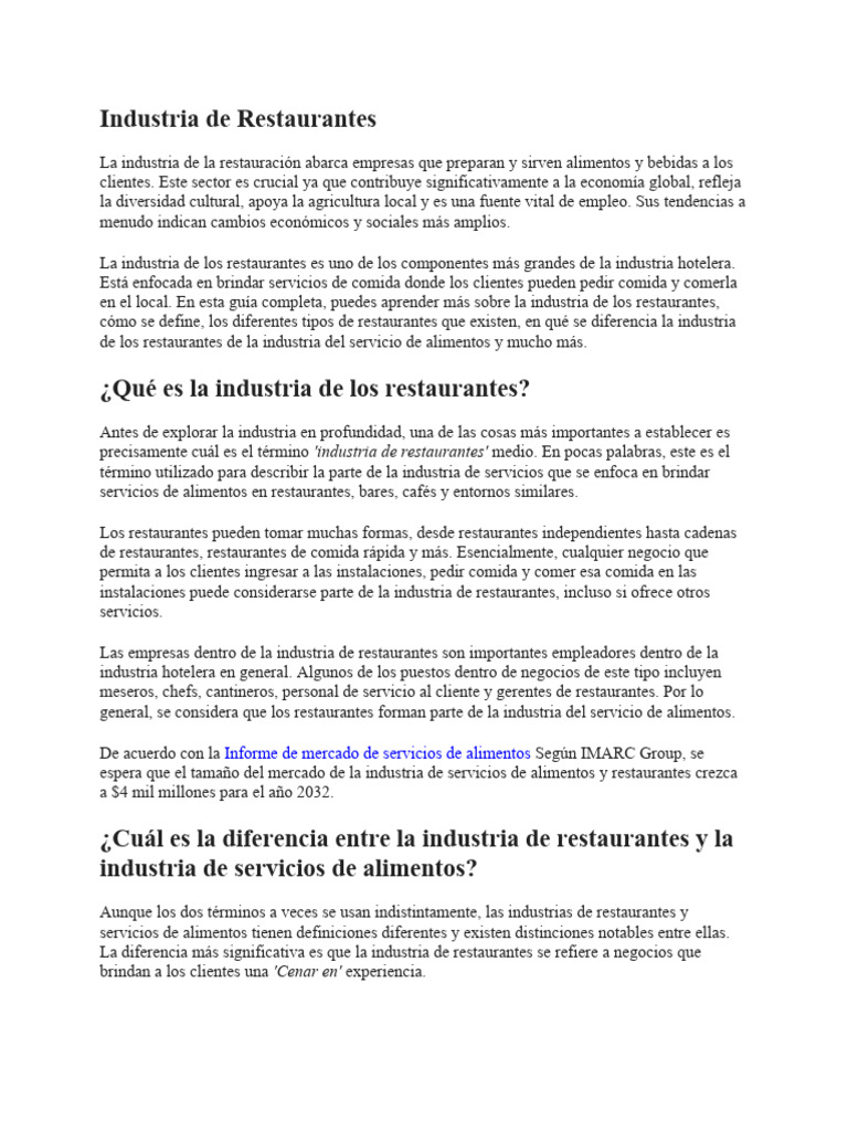Industria de Restaurantes | PDF | Restaurantes | Hotel