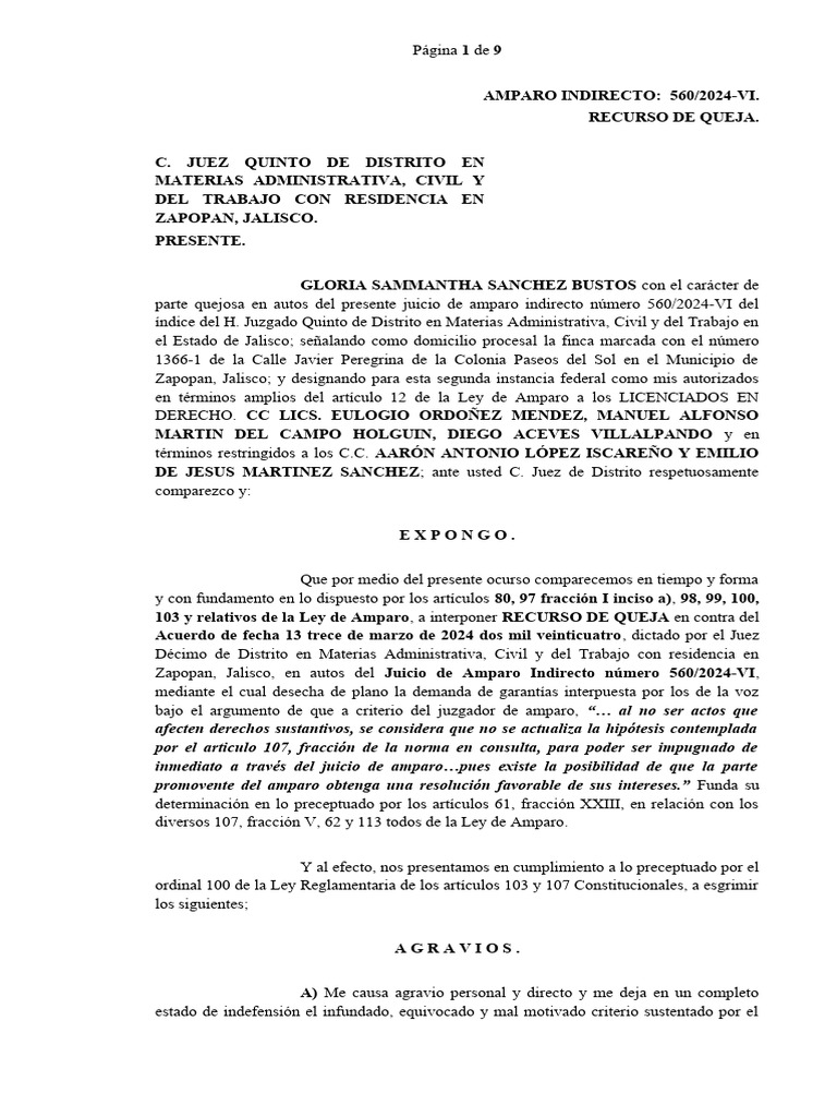 Recurso de Queja en Amparo 560/2024-VI | PDF | Caso de ley | Separación ...