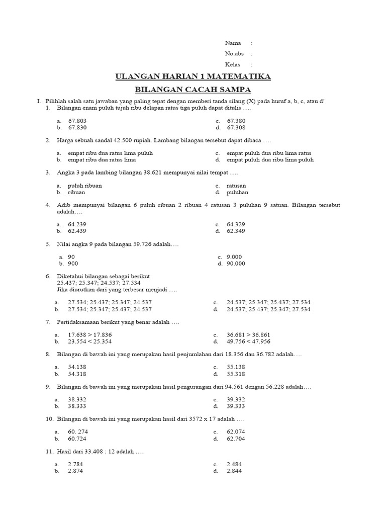 Soal Ulangan Bilangan Cacah Kelas 5 | PDF | Metode & Bahan Ajar