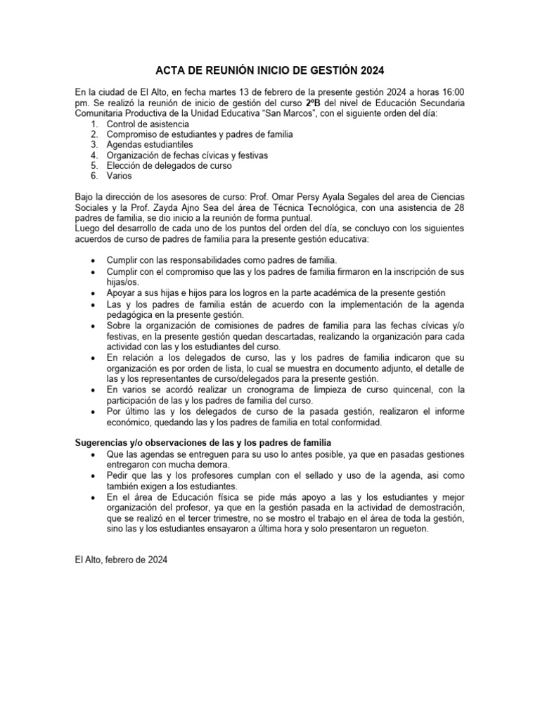 Acta de Reunión Inicio de Gestión 2024 | PDF