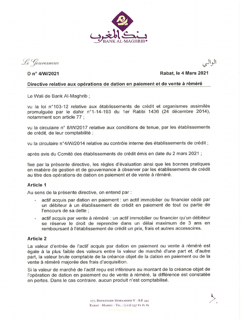 10 Directive BAM 4W21 Dation en Paiement | PDF