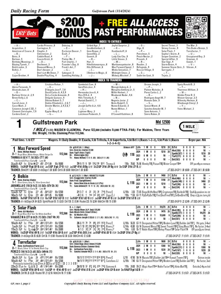Horse Racing Entries & Trainers | PDF | Horse Racing | American Racehorses