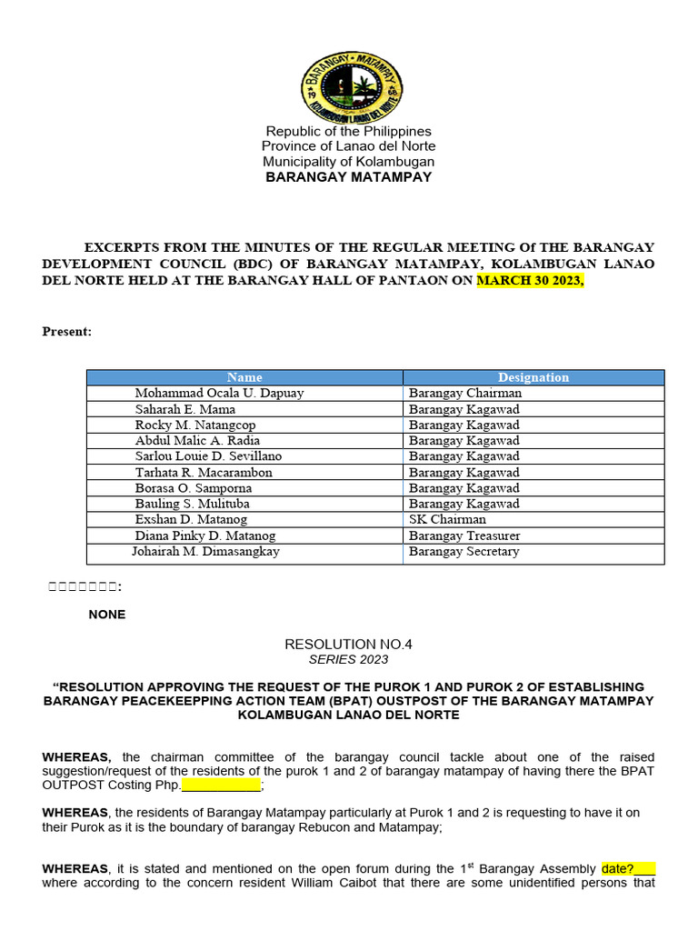 BPAT Outpost Resolution for Matampay | PDF